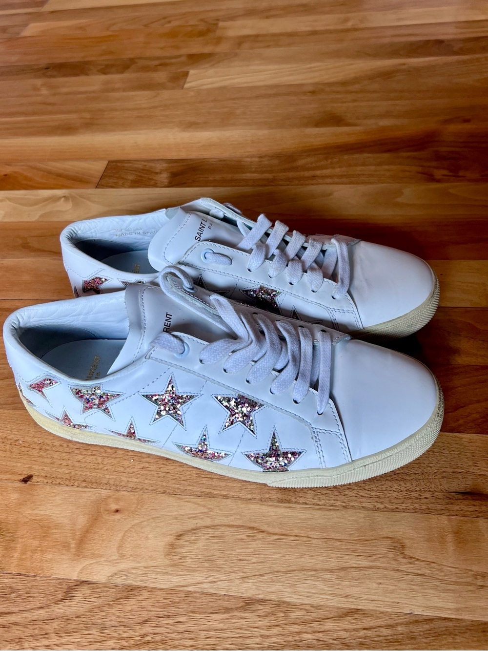 Saint Laurent - Court Classic Stars (pink glitter) White Leather Sneakers Size 9